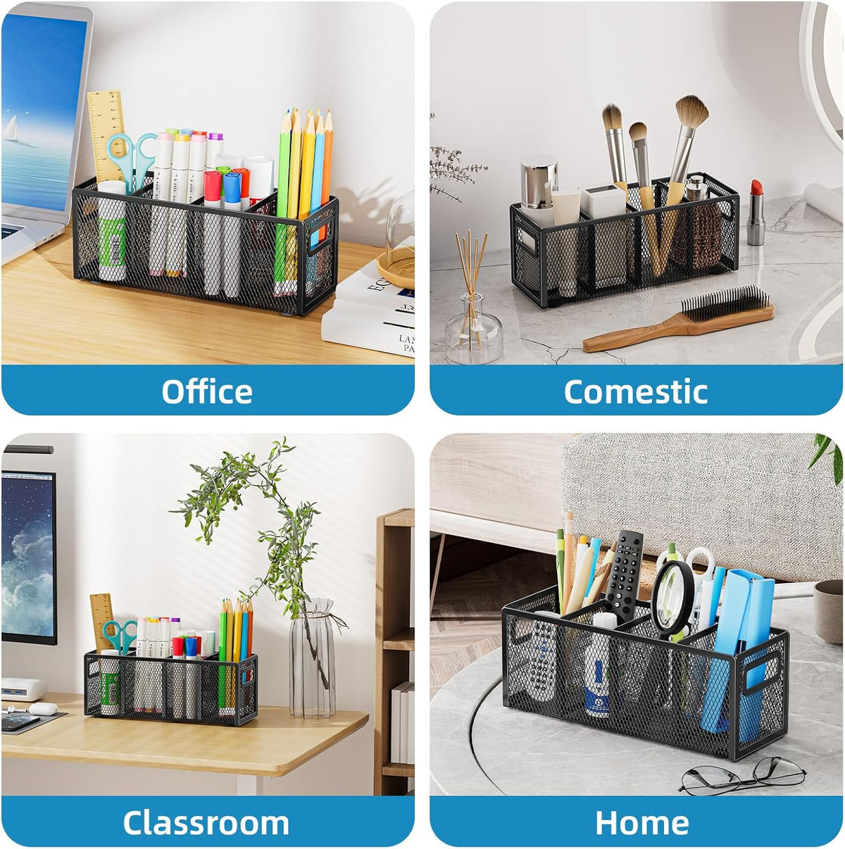 Mesh Pen Holder for Desk, Pencil Holder Desk Organizer 3 Adjustable Compartments, Pencil Cup with Handle Perfect for Classroom, Office, Home, Makeup, Art (Black)