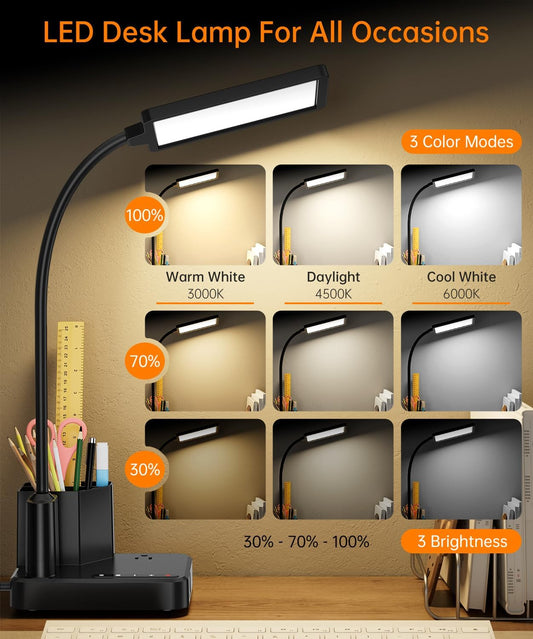 Desk Lamp, LED Desk Lamps for Home Office with USB Charging Port/Outlet/Organizer,Desk Lamp for College Dorm Eye-Caring Study Light,Gooseneck Table Lamp with Pen Holders/Storage,9 Lighting Modes