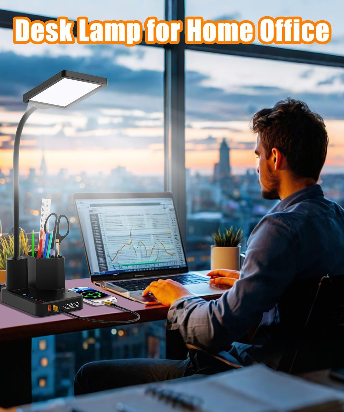Desk Lamp, LED Desk Lamps for Home Office with USB Charging Port/Outlet/Organizer,Desk Lamp for College Dorm Eye-Caring Study Light,Gooseneck Table Lamp with Pen Holders/Storage,9 Lighting Modes