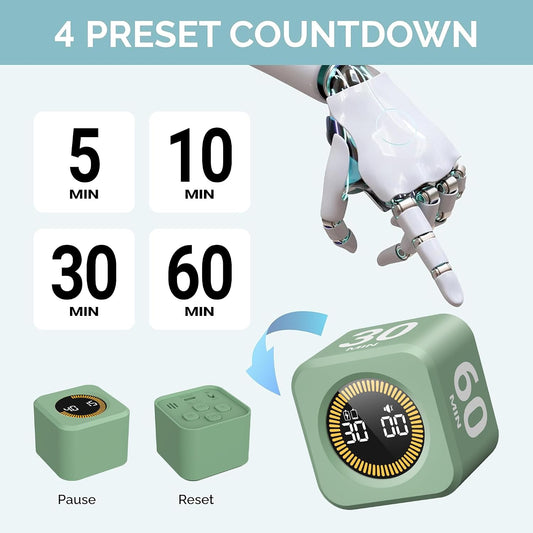 Pomodoro Timer – Visual Cube with 5/10/30/60 Min Presets, LED Countdown Ring & Count Up Mode, Silent Flip Productivity Timer for Study, Classroom, Office, Cooking (Green 5-10-30-60 min)
