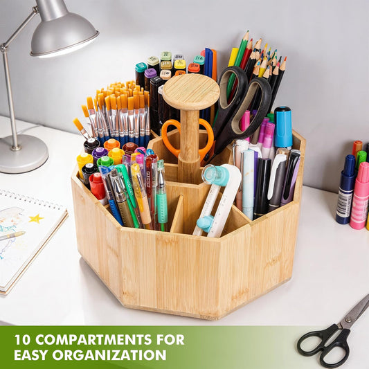 CraftGenes Bamboo Rotating Pen Organizer for Desk with 10 Compartments