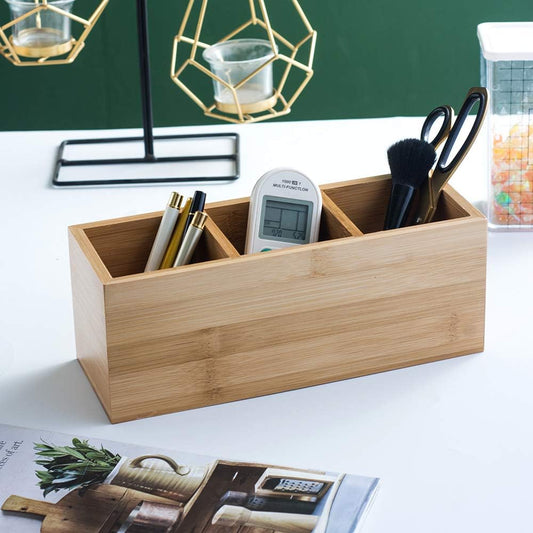 Bamboo Wood Pens Pencils Holder Cup for Desk Remote Control Holder, Caddy,Organizer,Desktop Storage with 3 Compartments,Makeup Brush Holder,Silverware Caddy for Party,Office Supplies (3 Grid)