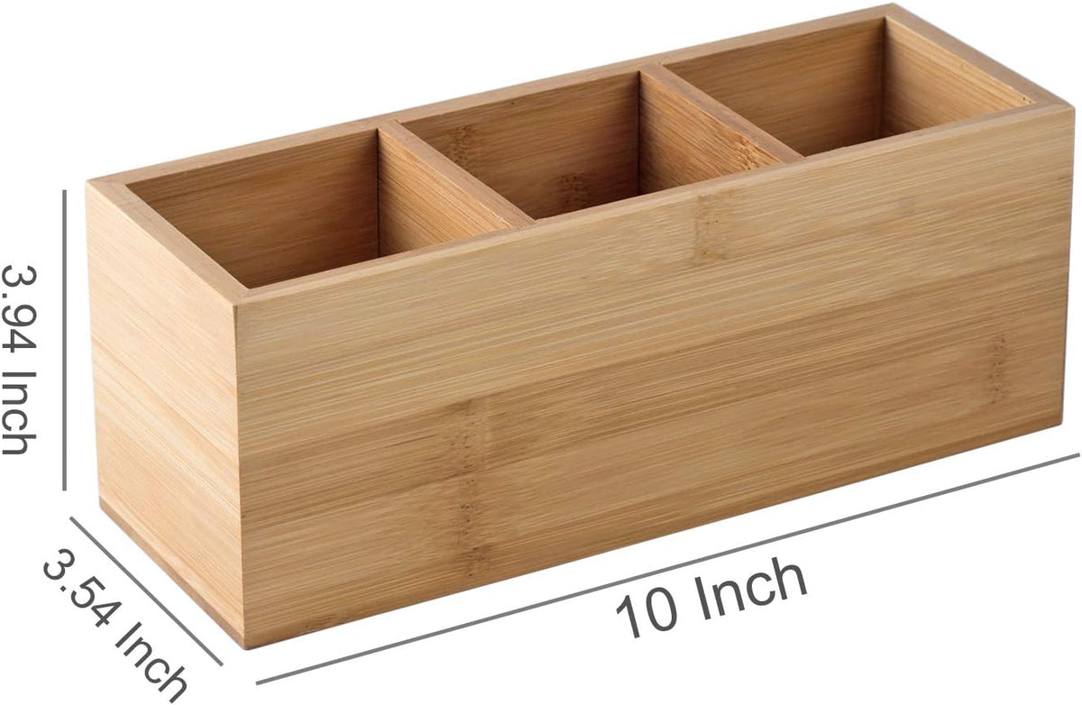 Bamboo Wood Pens Pencils Holder Cup for Desk Remote Control Holder, Caddy,Organizer,Desktop Storage with 3 Compartments,Makeup Brush Holder,Silverware Caddy for Party,Office Supplies (3 Grid)