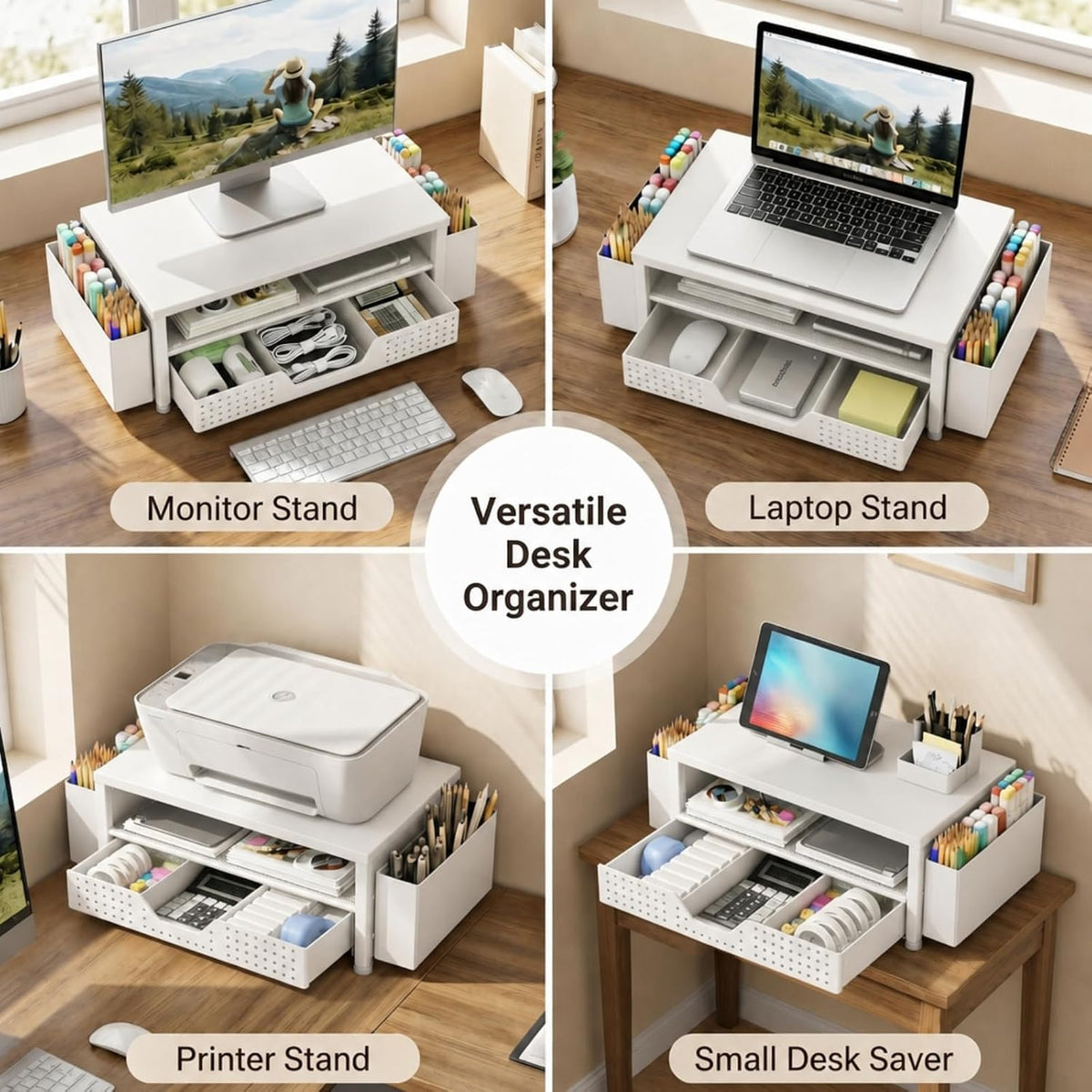 Desk Organizer and Accessories, 2-Tier Computer Monitor Stand Rise with Storage Drawer & 2 Pen Holders, Laptop & Printer Stand for Desktop, Workspace Organizers for Office Supplies (Black)