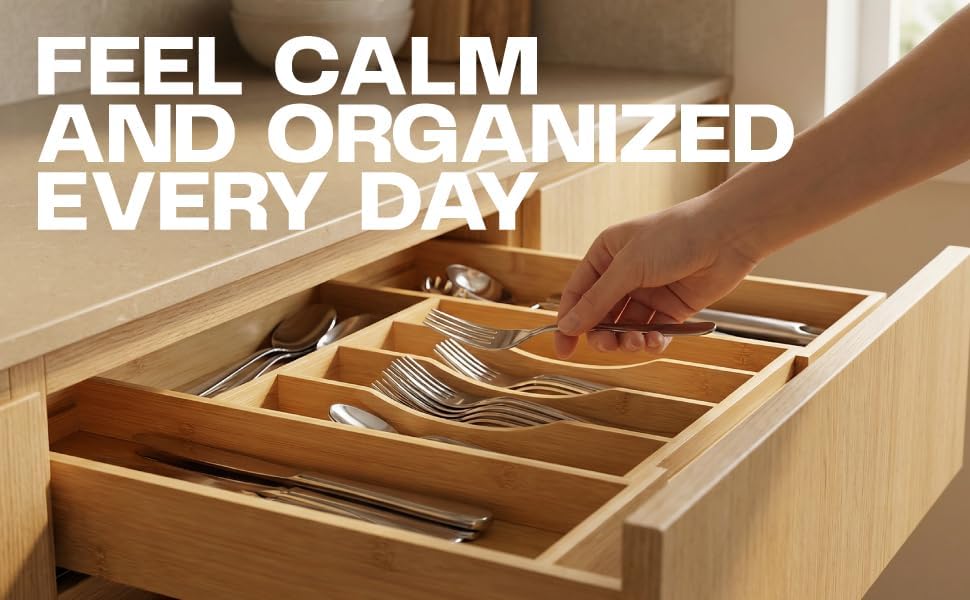 Expandable Bamboo Silverware Drawer Organizer, Utensil Holder Tray