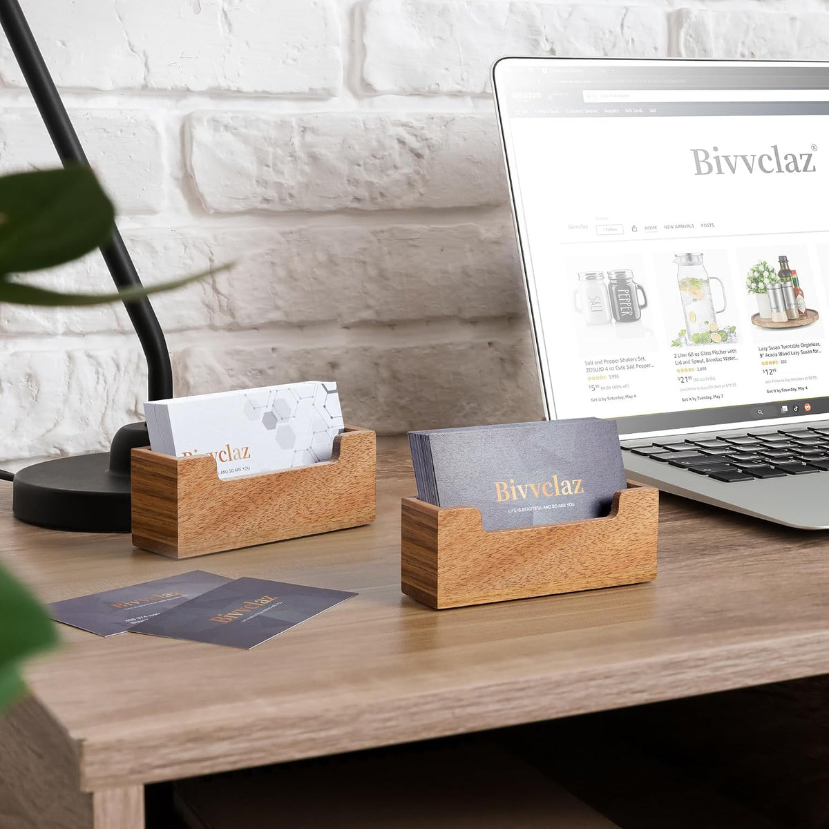 Business Card Holder Desk, Acacia Wood Business Card Organizer Desktop Business Card Display Stand for Office Tabletop Exhibition, Small Business Essentials
