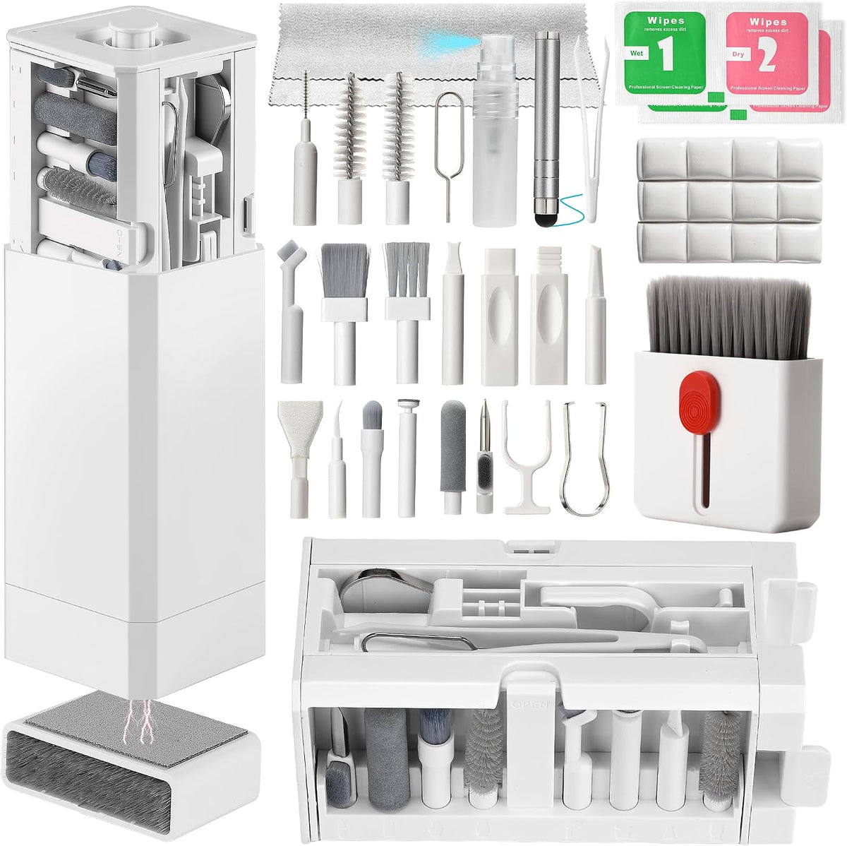 32-in-1 Cell Phone Cleaning Kit for iPhone/Android, Charging Port Cleaner for USB-C/Lightning, AirPods & Earbuds, Keyboard, Laptop, Screen, Camera Lens, Stylus Pen, Tech Gift (White)