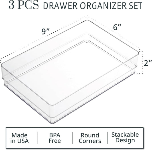 SimpleSort 3-Piece Stackable Clear Drawer Organizer Set | 9" x 6" x 2" Rectangle Trays | Wide Makeup Vanity Storage Bins and Office Desk Drawer Dividers | Made in USA