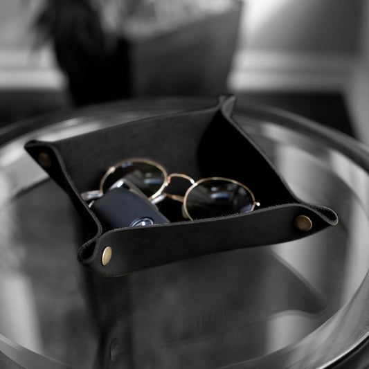 Genuine Leather Valet Tray | Desk Organizer | Catchall Tray | Full Grain Leather. Dimensions 6 x 6 x 1.75”. Made in the USA