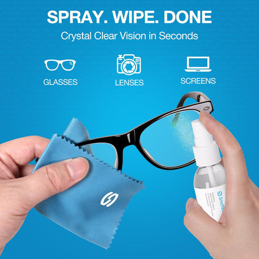 Glasses Cleaner Kit – Alcohol-Free, Plant-Based Spray + Ultra-Soft Microfiber Cloths for Eyeglasses, Screens & Cameras – 2 x 2oz Spray Bottles + 2 Cloths + Travel Pouch Set