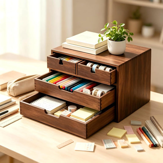 Bamboo Desk Organizer, 100% Natural Bamboo Desktop Drawer Organizer, Dark Brown Tabletop Storage Cabinet Organization Box with 4 Drawer for Makeup, Letter, Home, 3 Layer, Fully Assemble