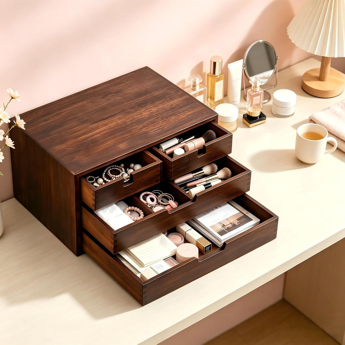 Bamboo Desk Organizer, 100% Natural Bamboo Desktop Drawer Organizer, Dark Brown Tabletop Storage Cabinet Organization Box with 4 Drawer for Makeup, Letter, Home, 3 Layer, Fully Assemble