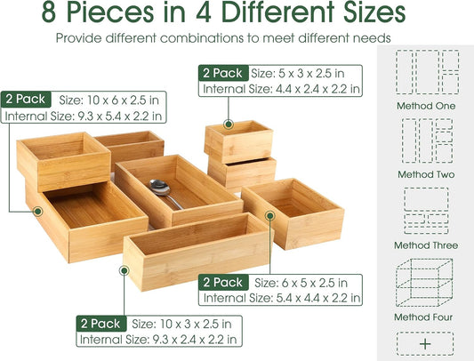 8Pcs Bamboo Drawer Organizer 4-Size Kitchen Storage Box for Flatware