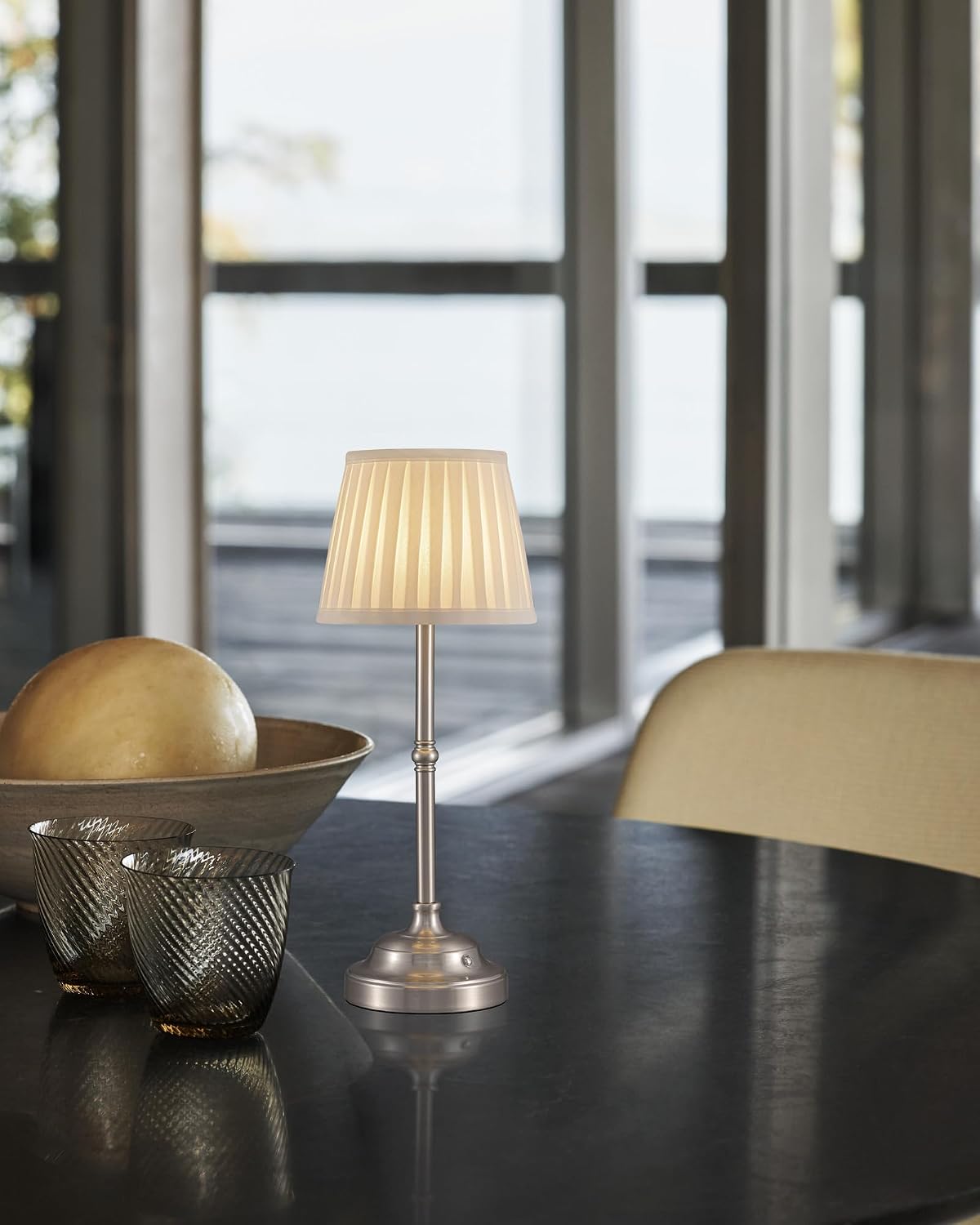 Gold Cordless Portable LED Table Lamp, Beige Fabric Shade Desk Lamp