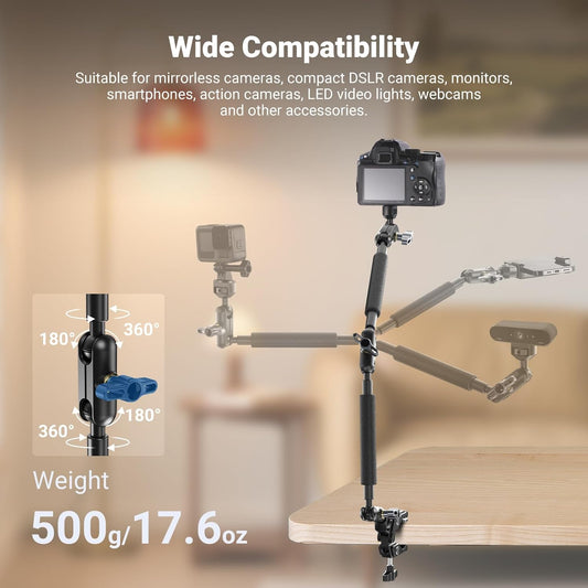 22" Magic Arm w Desk C Clamp, Overhead Camera Mount with Articulating Mic Boom Arm 1/4" 3/8" Threads for ARRI, Desktop Stand Holder for Phone Microphone Webcam Action Camera Video Light, UA057