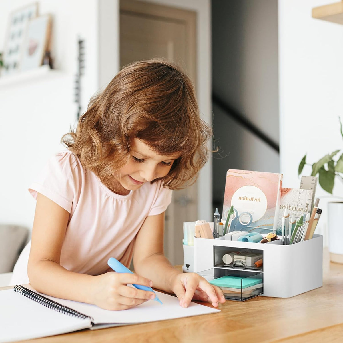 Pencil Holder For Desk,5 Slots 360°Degree Rotating Desk Organizers And Accessories,Desktop Storage Stationery Supplies Organizer, Cute Pencil Cup Pot For Office, School, Home (B-White)