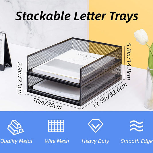 2 Pack Wire Mesh Letter Trays 12.8"x10"x2.9", Stackable Paper Tray Organizer for Desk, Metal Desk Magazine File Holder for Home, Office, School