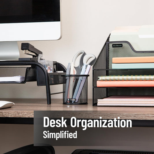 Pen and Accessories Holder, Desktop Organizer, Office, Metal Mesh, 3.5"L x 3.5"W x 3.75"H, Set of 3, Black