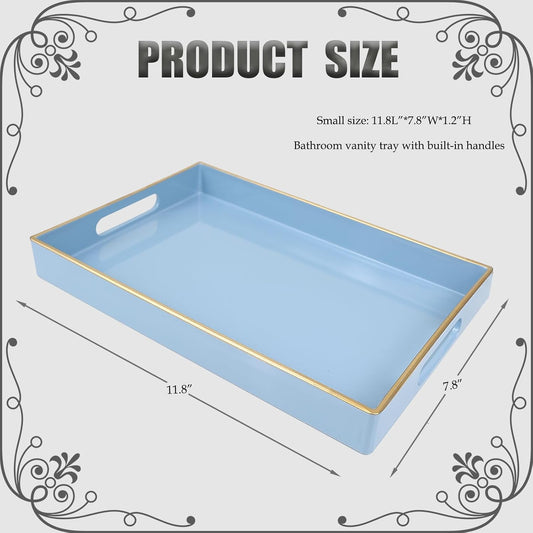Blue Bathroom Vanity Tray with Handles for Dresser Tops