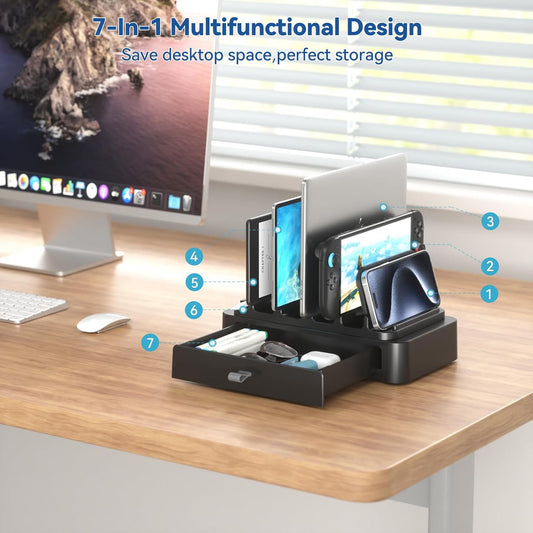 Vertical Laptop Stand with Drawer - 7-in-1 Space-Saving Laptop Holder with Gravity Locking Fits MacBook, Dell, HP, Chromebook, Surface Pro, Tablet, Cell Phone, Switch, Keyboard Desktop Organizer