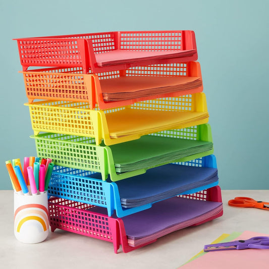 Teacher Supplies Letter Tray Organizer - 6-Pack Rainbow, 9 x 13 x 3 in - Stackable Paper Trays for Classroom & Teacher Desk Organizer