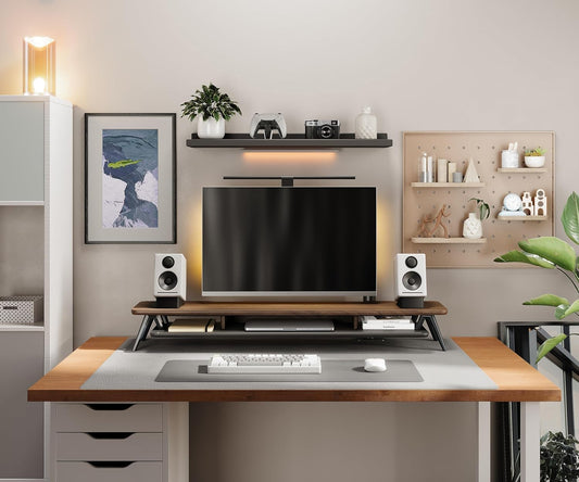 Dual Monitor Stand Riser, Wooden Desk Shelf with 2-Tier Storage