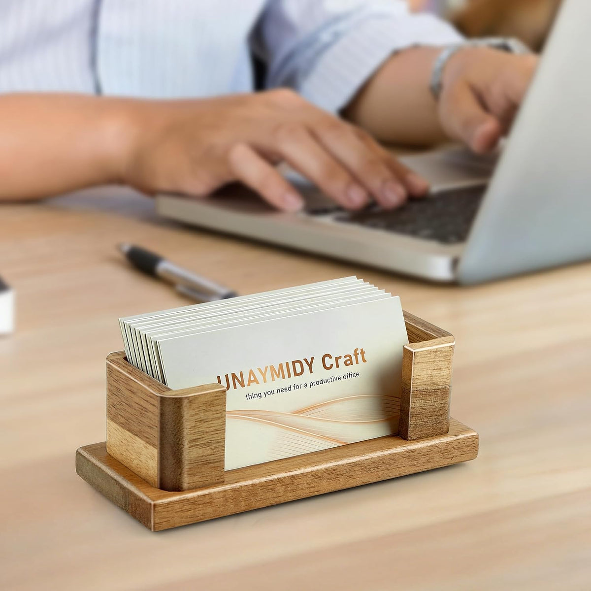 Acacia Wood Business Card Holder Desk Office Essentials, 60 Card Capacity
