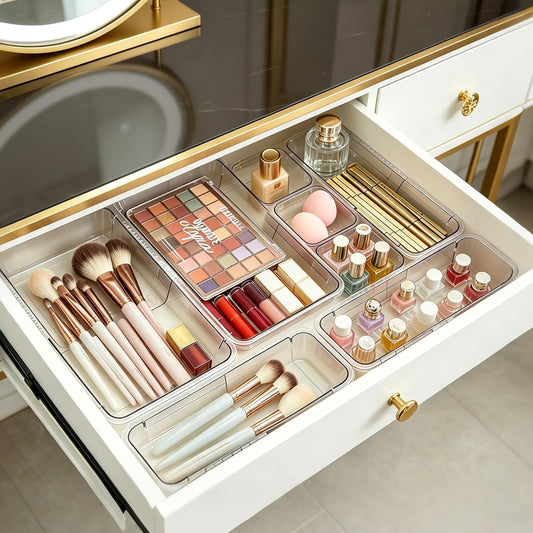 14 PCS Clear Expandable Drawer Organizer Trays for Bathroom & Vanity Drawer