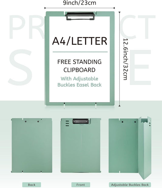 Free Standing Clipboard and Desktop Stand with Adjustable Buckles Easel Back - Foldable Stand and Document Holder for School, Office and Business Use (9.37 x 12.6 inches) (Green)