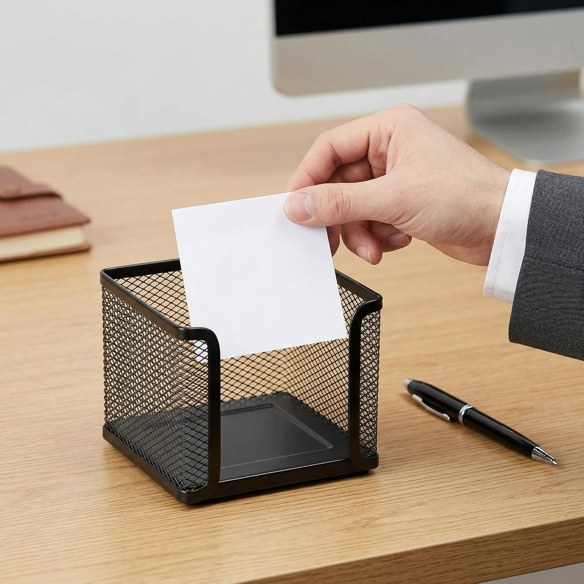 4 Pack Mesh Memo Holder, 4 x 4 Inch Black Metal Mesh Sticky Note Dispenser Cube Memo Pad Holder for Pen, Pencil, Paperclip, Thumbtack, Desk Organizer for Office Home School