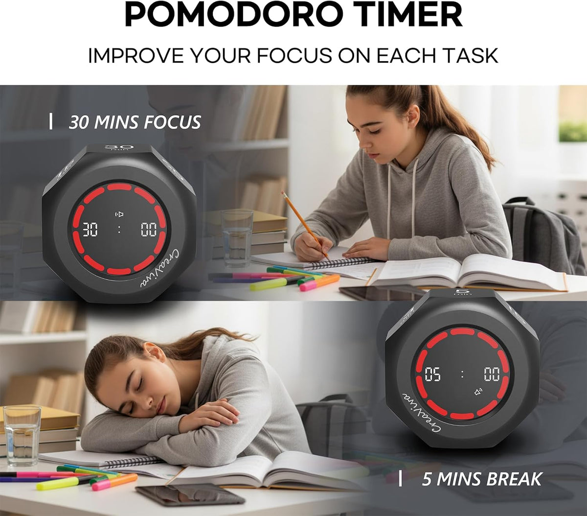 Flip Cube Pomodoro Timer - Rechargeable Visual Countdown & Count Up Stopwatch, 7 Preset Intervals, 3 Alarm Modes, Productivity Tool for ADHD, Kids, Study, Work & Kitchen (White)