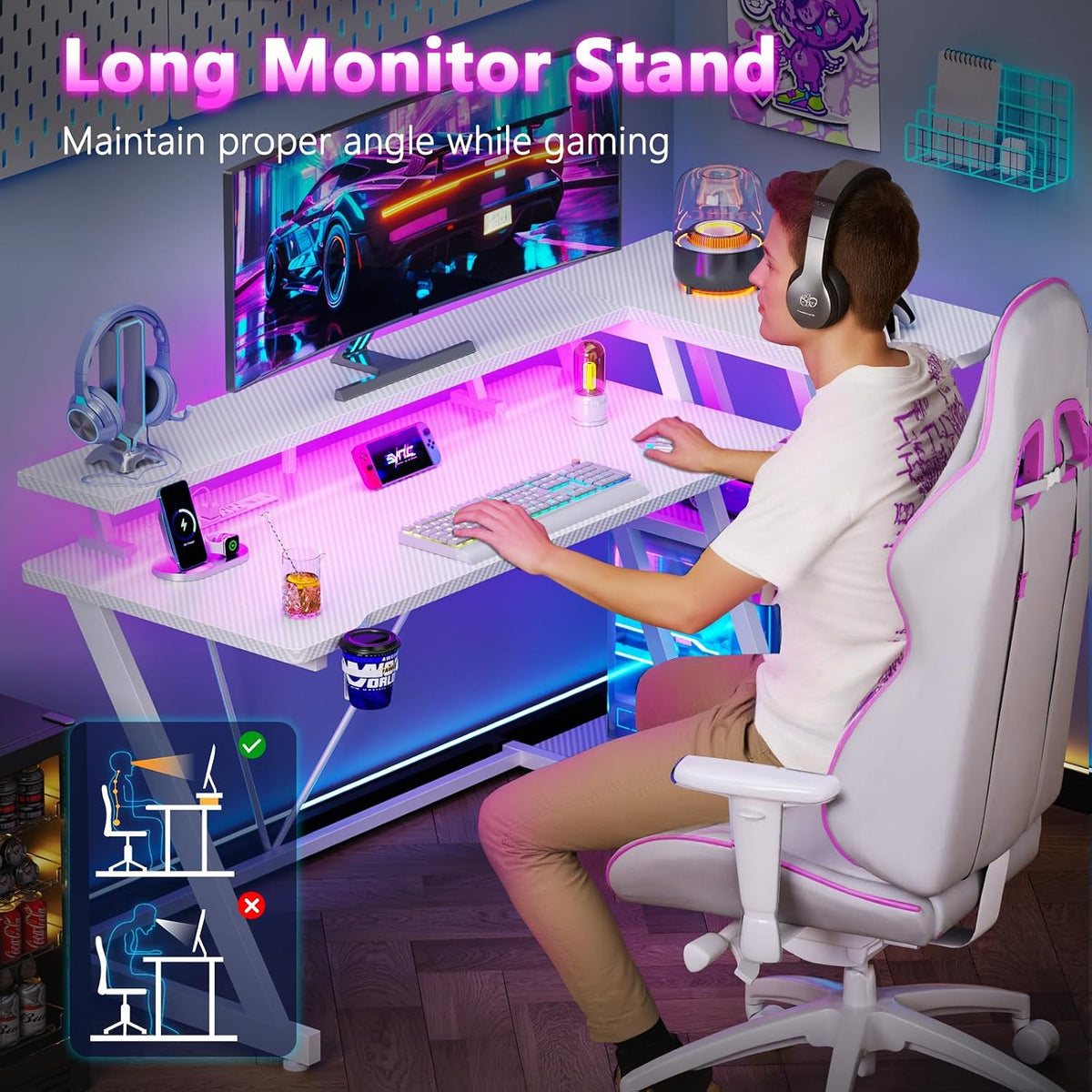 40 Inch Gaming Desk with Power Outlet, LED, Carbon Fiber Black