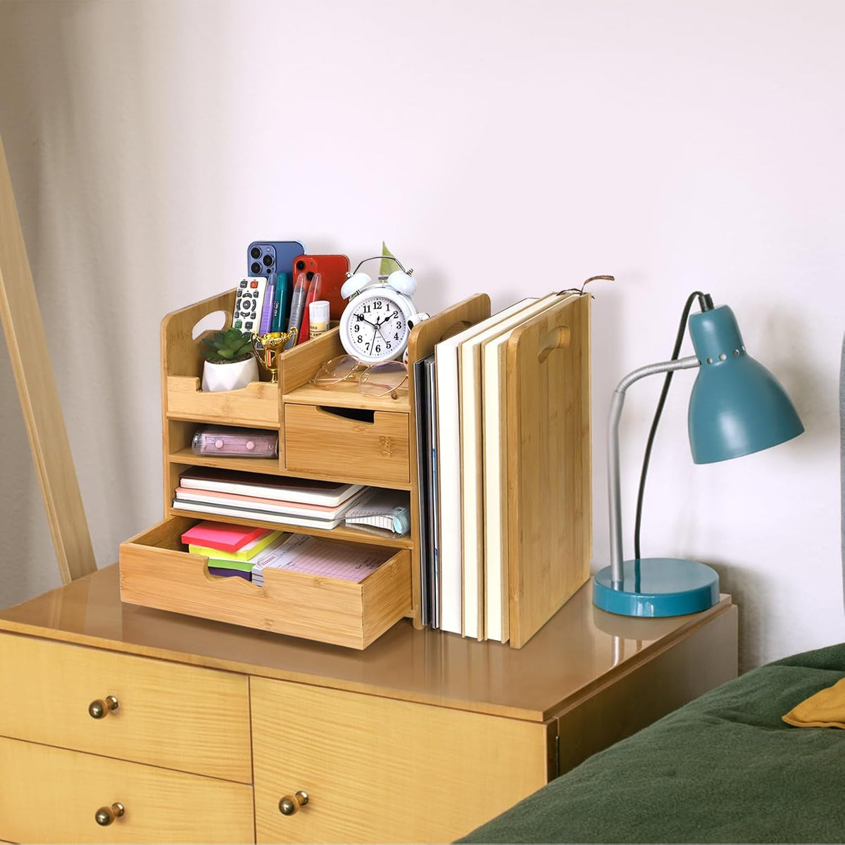 Bamboo Desk Organizer with Adjustable File Holder, Mail Organizer Countertop with Drawer, 4-Tier Desktop Organization and Desk Accessories for Home Office School Supplies, No Assembly Required