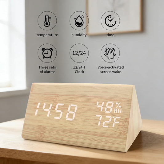 Wooden Digital Alarm Clocks for Bedrooms - Electric Desk Clock with Large Numbers, DC Port, Loud Alarm for Heavy Sleepers, Adjustable Volume, Dimmer, Wood Décor, Adapter Powered