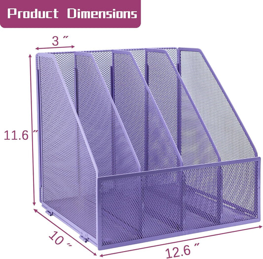 Desk Organizers, Metal Magazine File Holder with 4 Vertical Compartments Rack Binder File Organizer for Office Supplies, Home Workspace - Purple