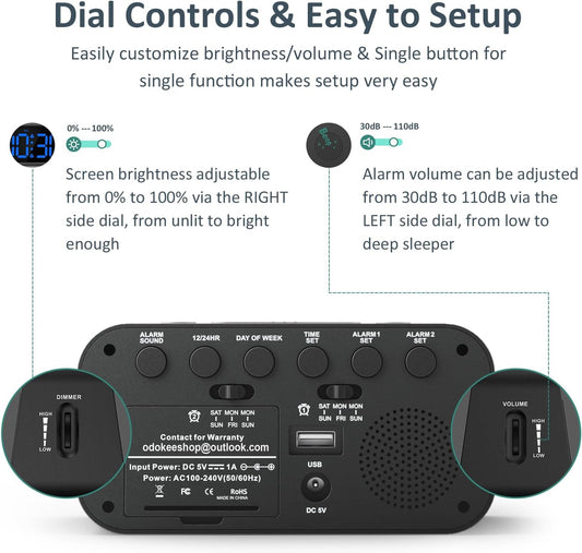 Digital Dual Alarm Clock for Bedroom with 0-100% Dimmable Display