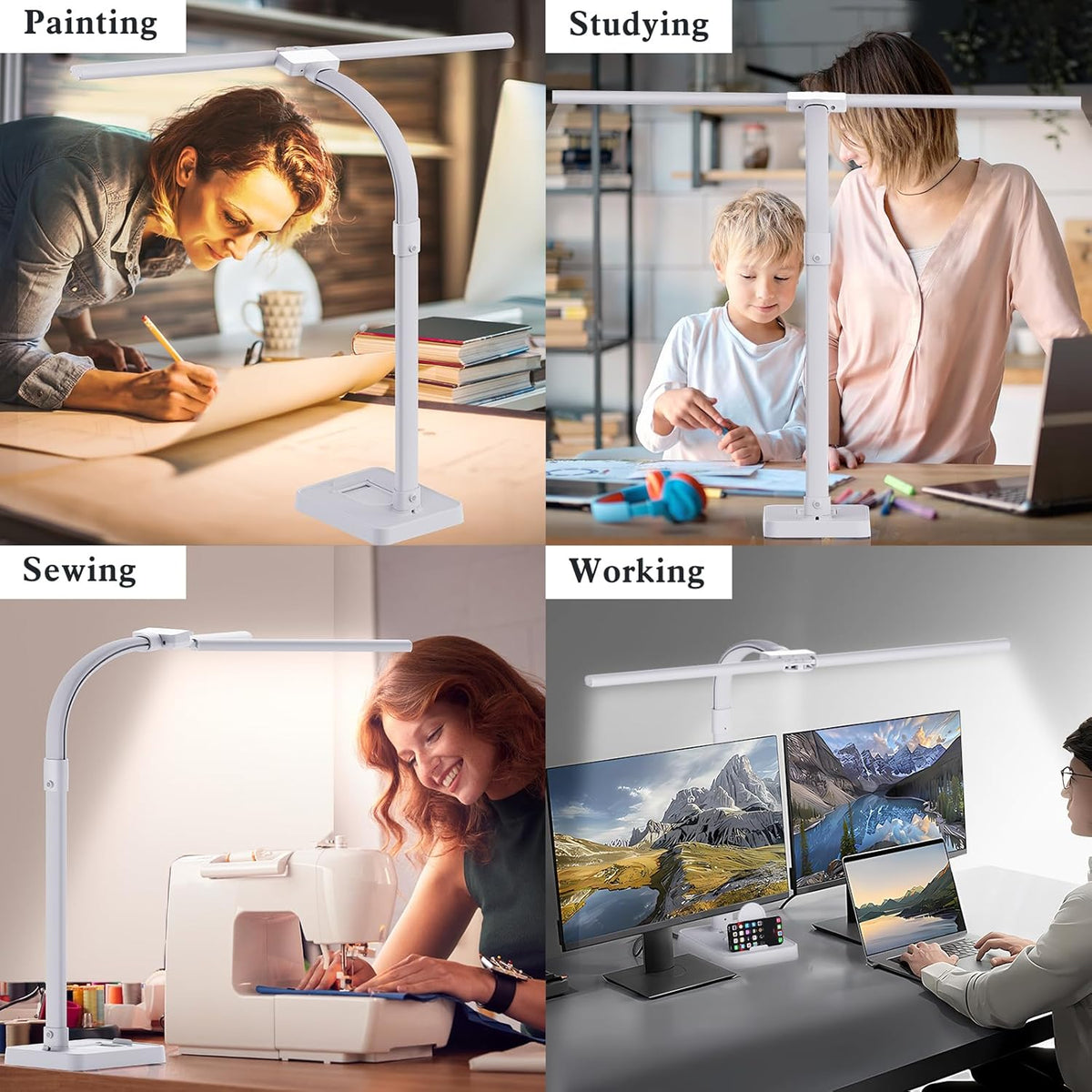 LED Desk Lamp for Home Office, 24W Bright Desk Lamp with Phone Holder Base - 25 Lighting Modes Eye-Caring Desk Light Adjustable Gooseneck Lamp for Workbench Drafting Reading Study
