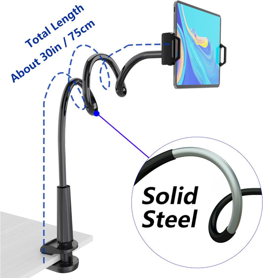 Gooseneck Tablet Holder for Bed, Reinforced Flexible Arm Tablet Stand with 360° Rotation, Hands-Free Clamp Mount for 4.7–13" iPad, Kindle, Galaxy Tab, Switch