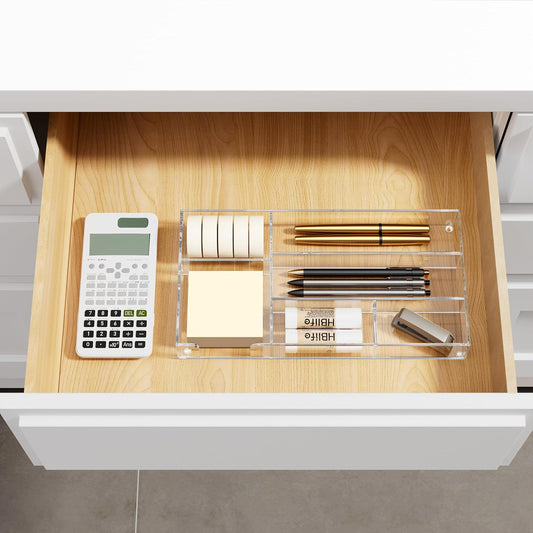 Acrylic Desk Drawer Organizer Tray with 6 Compartments, Small Clear Office Drawer Organizers and Accessories for Pens, Pencil, Makeup, Desktop, Bathroom and Kitchen, 11.65 x 6.1 x 1.38 Inch
