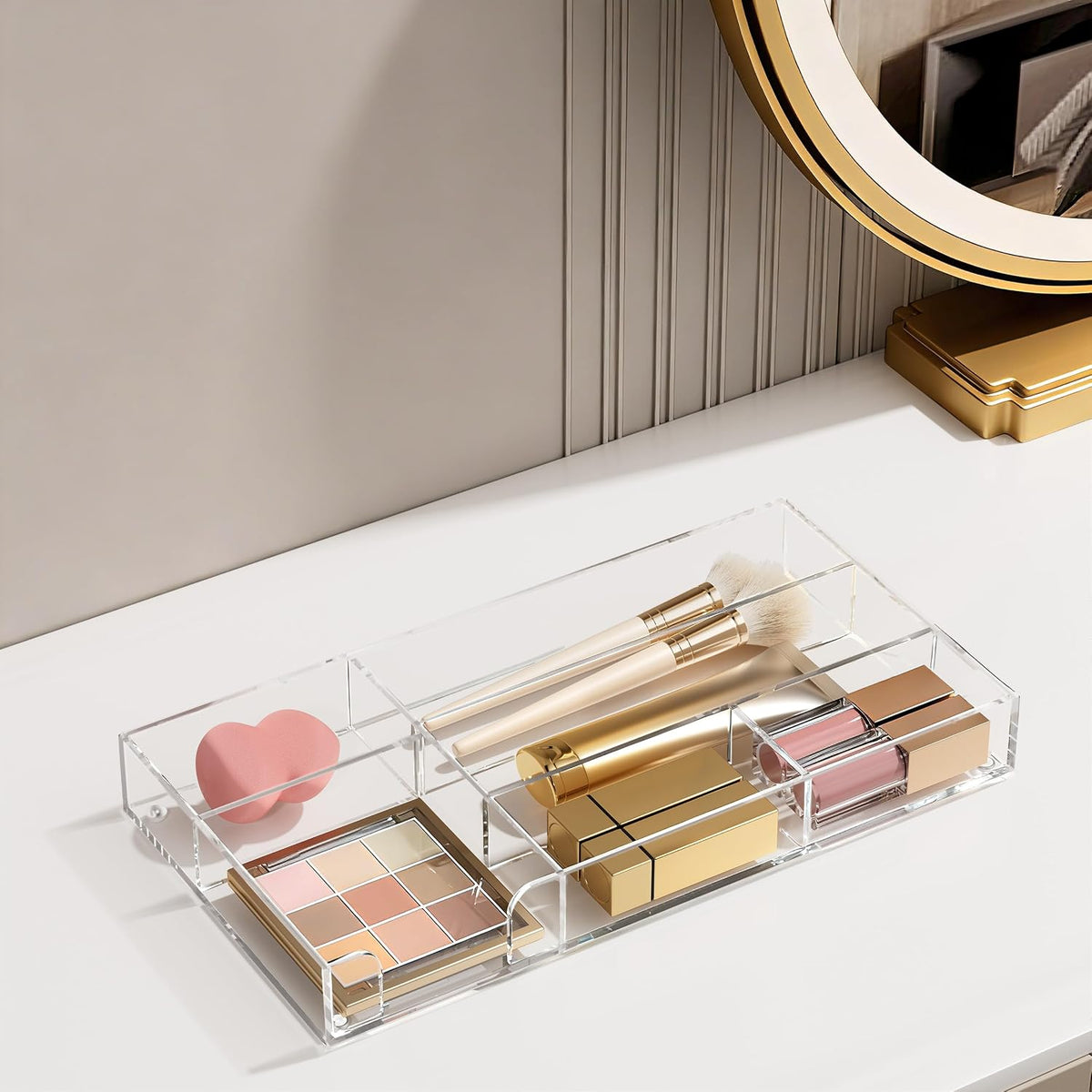Acrylic Desk Drawer Organizer Tray with 6 Compartments, Small Clear Office Drawer Organizers and Accessories for Pens, Pencil, Makeup, Desktop, Bathroom and Kitchen, 11.65 x 6.1 x 1.38 Inch