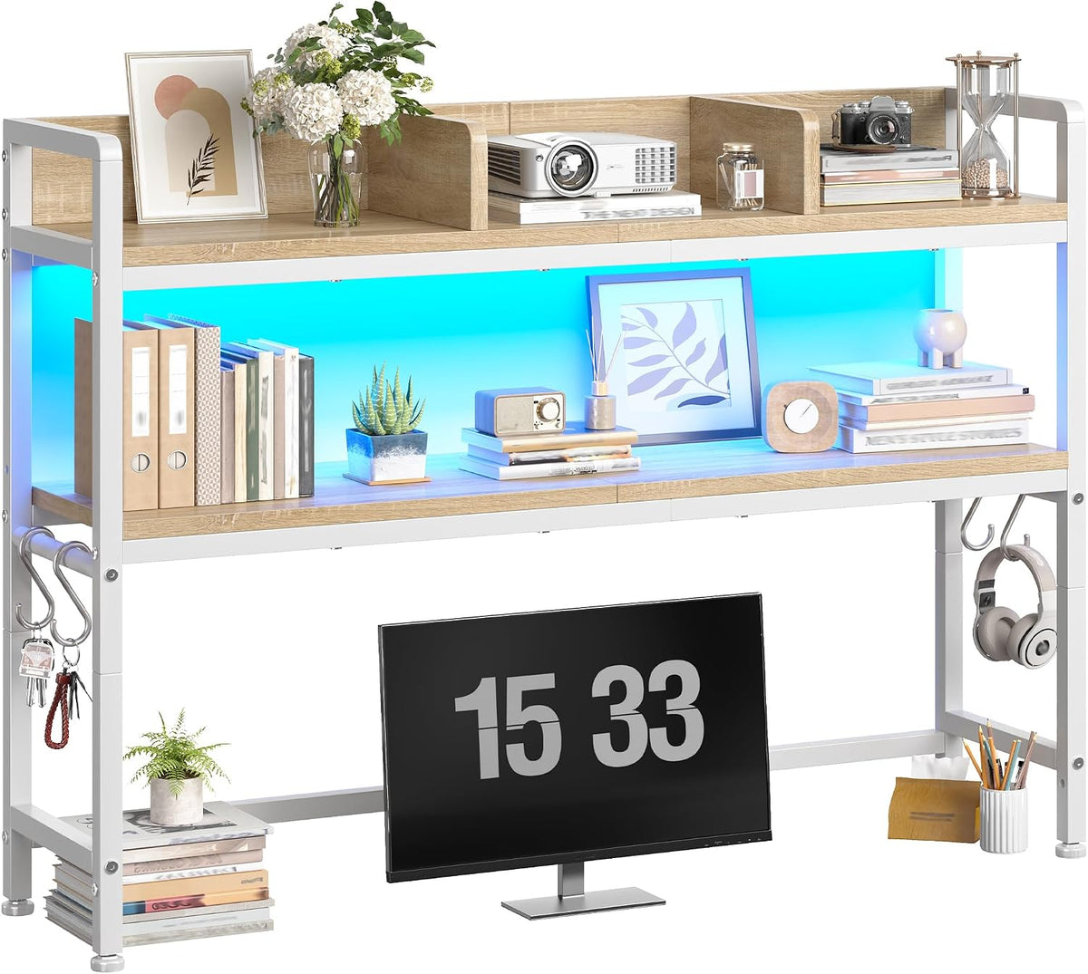 2-Tier Desk Shelf, LED, Bedroom and Home Office, Rustic Brown