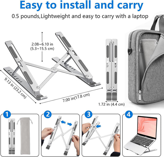 Laptop Stand for Desk, Aluminum Metal MacBook Stand,Computer Riser for Desk, Portable Foldable Adjustable Notebook Holder, Compatible with 10-15.6 Inch Laptops, iPad, Silver.