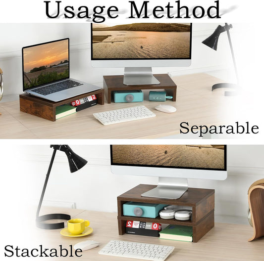 2-Pack Wood Monitor Riser, Desk Stand for 2 Monitors, Rustic Brown