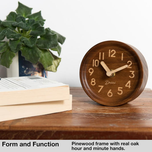 Small, Silent Wooden Analog Desk Clock for Shelf or Table, Dark
