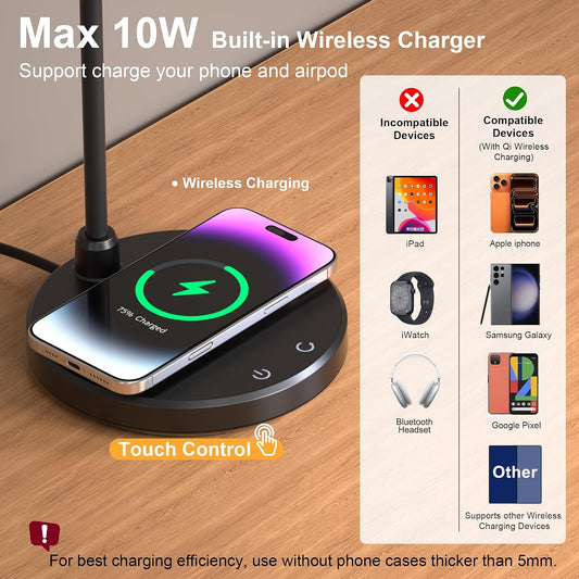 Wireless Charging Desk Lamp for Home Office, 800LM, CRI95+, Black
