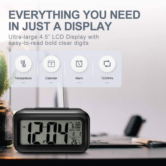 Digital Alarm Clock, Clock for Bedroom, Desk Clock Battery Operated, Digital Clock with Smart Night Light 12/24H Display Snooze Function for Heavy Sleepers for Kids