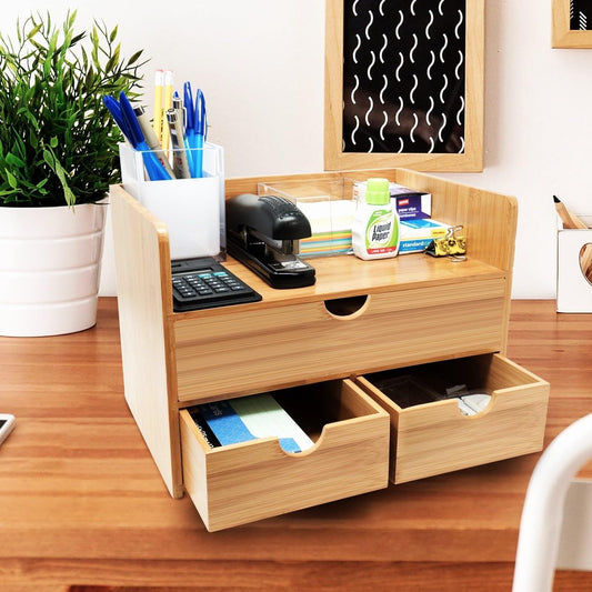 Bamboo Desk Organizer - 3-Tier 100% Bamboo Desktop Organizers – Mini Bamboo Desk Drawer Tabletop Storage Box Countertop Organization 3 Drawers & Shelf - Office, Makeup Vanity, Fully Assembled