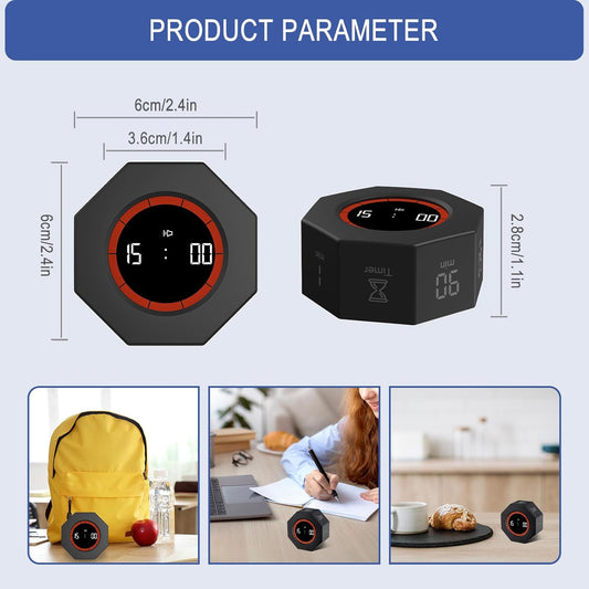 Digital Productivity Timer, Octagon Rotating Pomodoro Timers with Gravity-sensor, 1-3-5-15-30-60-90 Min Countdown, Portable Adjustable Sound Alert Multi Desk Timer or Study Task, Kitchen, Black
