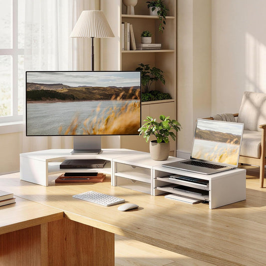 Dual Monitor Stand, Corner Desk Shelf with Drawer & Slide-Out Tray