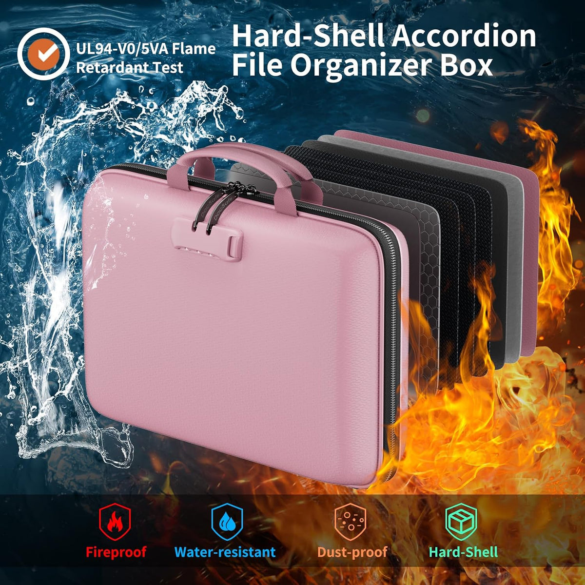 Fireproof File Organizer with Lock, Hard-Shell Case Fireproof Document Box with 13 Pocket Accordion File Folder, Portable Home Office Travel Safe Storage for Important Documents Laptop Black